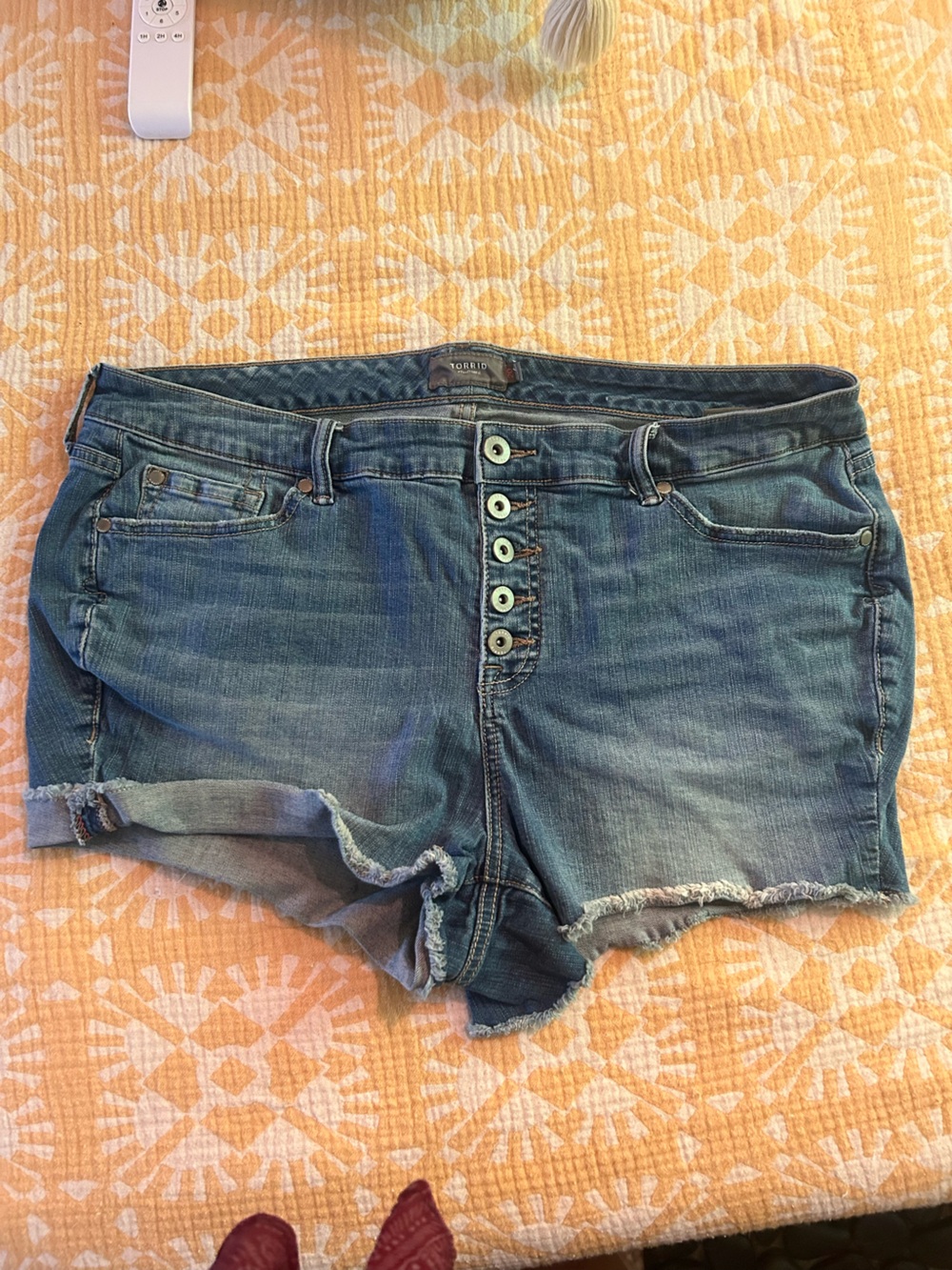 torrid Blue Button-Fly Distressed Denim Shorts